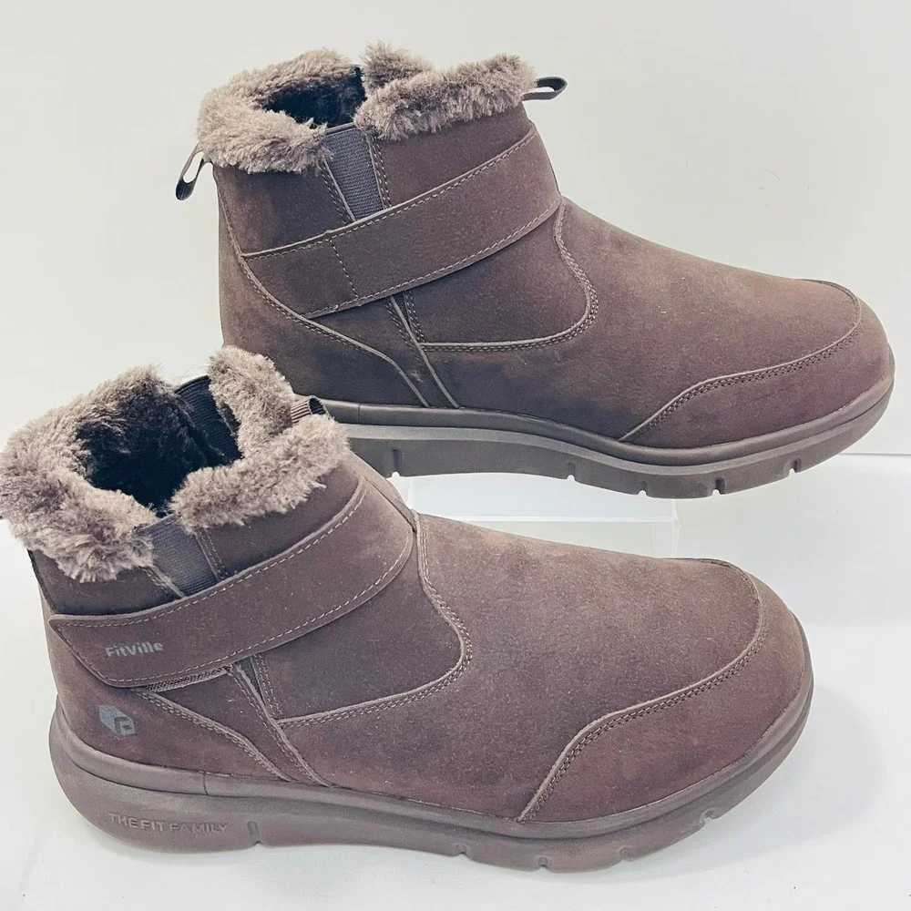 FitVille Men Brown Suede Faux Fur Lined Winter Ankle Boots 11.5 Extra Wide‎
